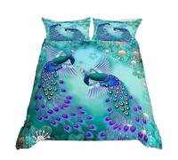 Peacock Comforter Cover Bohemian Duvet Cover Set Exotic Birds Animals Bedding Set Navy Blue Feather Teal Floral Fresh Natural Bedspread Cover With 2 Pillow Case Bedroom Decor Double Size Pastel