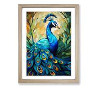 Peacock Cubism No.2 Framed Print | A2 Oak Framed Wall Art | Ready to Hang | Cubist Animal Picture | Living Room Bedroom Lounge Office