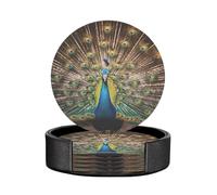 Peacock Displaying Its Train Fine Pattern Set of 6 Table Coasters Modern PU Cup Coasters for Drinks, Coaster Set,4 Inches