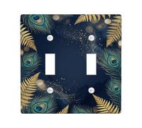 Peacock Double Light Switch Cover Plate, Elegant Artistic Fern Swirl Fall Navy Blue Plastic Standard Size Wall Switch Plates Accents for Home Living Room New Apartment Decor