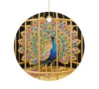 Peacock Double-Sided Ceramic Christmas Ornaments - Round Hanging Mini Xmas Tree Decorations, Ideas for Farmers, Rustic Home Decor for Indoor Outdoor Tree Decor