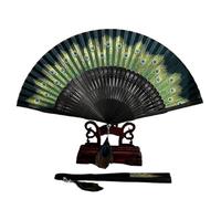 Peacock Fan Bamboo Feather Classical Craft Female Dance Pendant Retro Daily Use Silk Folding for Wedding Favors Party DIY Home Wall Decoration(Dark Green)