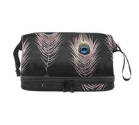 Peacock Feather Background Double Layer Cosmetic Bag for Women and Girls, Travel Toiletry Bag Makeup Handy Pouch Organiser Bag with Brush Compartment