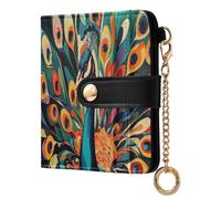 Peacock Feather Black Pattern Small Women Wallet Bifold PU Leather RFID Blocking Compact Card Holder with Zipper Coin Pocket Purse for Women Ladies Girls