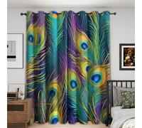 Peacock Feather Blackout Curtains, 90 Drop, Animal Feathers Printed Curtains for Living Room, Bedroom, Eyelet Drapes for Window Home Decor, 66x90 Inch 2 Panels bj-210