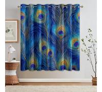Peacock Feather Blackout Curtains for Bedroom, Blue Exotic Pattern Thermal Eyelet Drapes for Living Room, 66 x 72 Inch 2 Panels, Home Decoration - F791