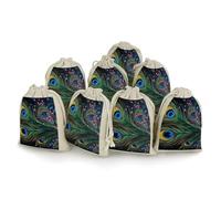 Peacock Feather Bunches Pocket Cotton And Hemp with Drawstring 8 Pieces Reusable Gift Bags Jewelry Pouch for Wedding DIY Craft Party (4.9 X 6.7 Inch)