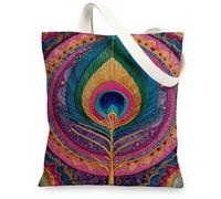 Peacock Feather Canvas Tote Bags, Colorful Artistic Pattern Reusable Grocery Bags, Lightweight Washable Shoulder Strap Canv, Colorful, 13x15 Inch