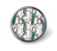 Peacock Feather Cherry Flowers Seamless on White Round Brooch Pin, Unisex Smooth Surface Lapel Tie Pin, Lightweight Badge Jewelry Crafts Decor for Costume Accessory Men Women