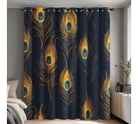 Peacock Feather Curtains Eyelet, Peacock Feathers Blackout Curtains for Bedroom Living Room, Thermal Window Drapes Home Decor 90x90 Inch 2 Panels