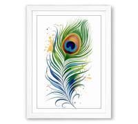 Peacock Feather Dance Botanical Framed Wall Art Print A4 (29.7×21cm) White, Wall Decor for Living Room, Bedroom, Office & Home, Ready to Hang, Art Gift