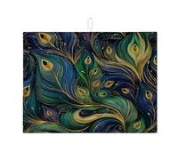 Peacock Feather Dish Drying Mats For Kitchen Counter, Elegant Green Gold Absorbent Dish Rack Mat, Artistic Microfiber Drying Pad For Coffee Bar Protector 18x24 Inch