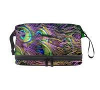 Peacock Feather Double Layer Cosmetic Bag for Women and Girls, Travel Toiletry Bag Makeup Handy Pouch Organiser Bag with Brush Compartment