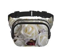 Peacock Feather Gold Design Fanny Pack for Women Men Fashion Waist Pack Adjustable Belt Bag for Workout Running Travelling Casual Waist Bag, White Silk Rose Wedding Flowers, One Size