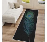 Peacock Feather Hallway Runner Rug, Feather Pattern Black Carpet Runner Non-Slip Washable Soft Short Pile Rug for Entryway Kitchen Bedroom Home Decor, 60x300cm Rf5V216a