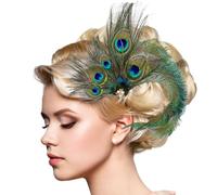Peacock Feather Headpiece with Rhinestone Trim - Vintage 1920s Headband Hair Clip for Women, Carnival Costume Accessory, Cocktail Party Fancy Dress(Style F)