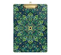 Peacock Feather Mandala Green Acrylic Clipboard Decorative Clipboard Letter Size Clipboards with Low Profile Metal Clip for Teachers, Students, Nurses