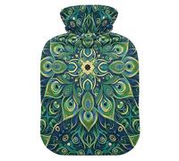 Peacock Feather Mandala Green Hot Water Bottles with Soft Cover Hot Water Bag for Neck, Shoulder and Menstrual Cramps Small