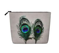 Peacock Feather Print Cosmetic Bag for Women,Faux Linen Makeup Bag Large Capacity,Perfect for Travel Daily Use