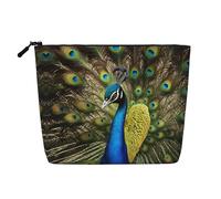 Peacock Feather Print Cosmetic Bag for Women,Faux Linen Makeup Bag Large Capacity,Perfect for Travel Daily Use