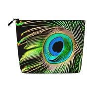 Peacock Feather Print Cosmetic Bag for Women,Faux Linen Makeup Bag Large Capacity,Perfect for Travel Daily Use