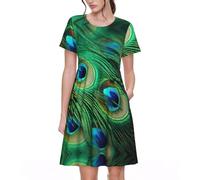 Peacock Feather Print Elegant Flowy Dresses for Women,Short Sleeve Maxi Dress,Perfect for Summer and Spring Black