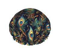 Peacock Feather Print Shower Caps for Women, Reusable Double Layers Elastic Band Long Hair Bath Caps for Shower