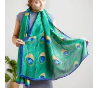 Peacock Feather Print Silk Blend Scarf My Posh Shop Teal One Size