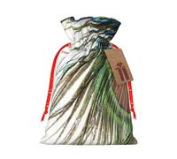 peacock feather Printed Christmas Drawstring Bags with Red Christmas Ribbon - Reusable Burlap Drawstring Gift Pouches, S