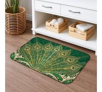 Peacock Feather Quick Dry Bath Mat, Elegant Green Gold Decorative Absorbent Non Slip Shower Mat, Spring Flannel Washable Bath Rugs for Bathroom Toilet Restroom 20x32 Inch