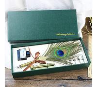 Peacock Feather Quill Pen Ink Set- Vintage Writing Feather Calligraphy Pen with Pen Holder,5pc Metal Nib as Birthday Xmas Gift For all (Peacock Dip Ink Pen)