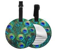 Peacock Feather Round Luggage Tag 4PCS Ethnic PU Leather Travel Bag Tag ID Labels Name Card Holder wtih Buckle for Luggage Suitcase Backpacks