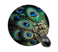 Peacock Feather Round Mouse Pad, Non-Slip Rubber Base Waterproof Washable, Computer Mouse Mat for Office Gaming Studying, Premium-Textured Durable Portable Circle Mousepad for Desktop PC Notebook