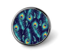 Peacock Feather Seamless On Dark Blue Round Brooch Pin, Unisex Smooth Surface Lapel Tie Pin, Lightweight Badge Jewelry Crafts Decor for Costume Accessory Men Women