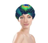 Peacock feather Shower Cap for Women Reusable Bath Cap Upgrade Double Layers Bathing Hat Waterproof Elastic Bath Hair Caps for Women Ladies Spa Salon Hair Bath Hat