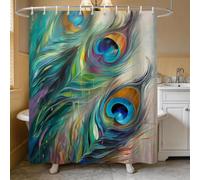 Peacock Feather Shower Curtains Boho Aesthetics Art Watercolor Birds Theme Small Window Curtain Bathroom Decor Set with Hooks Waterproof Washable 72 W x 72 H Inches Green Blue