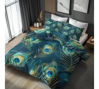 Peacock Feather Single Duvet Cover Set - Green Aesthetic Art Bedding & Bedroom Decor, Super Soft Microfiber Quilt Cover and 1 Pillowcases, with Zip, Reversible Design j0bas-91