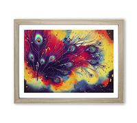 Peacock Feather Splash Abstract Framed Wall Art Print A2 Oak