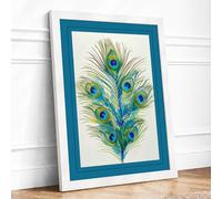Peacock Feather Study Botanical Framed Wall Art Print A1 (84.1×59.4cm) White, Wall Decor for Living Room, Bedroom, Office & Home, Ready to Hang, Art Gift
