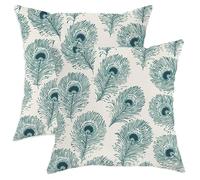 Peacock Feather Throw Pillow Covers Set of 2, Teal Green Decorative Square Cushion Cases for Spring Farmhouse Sofa Bed Couch Decor 18x18 Inch