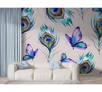 Peacock Feather Wall Mural, Self Adhesive Wallpaper Peel and Stick, Butterfly Watercolor Home Decor Photo Wallpaper, Silk Cloth Wall Sticker for Living Room & Bedroom, 450x315 cm - F-756