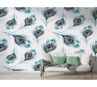 Peacock Feather Wall Mural, Self Adhesive Wallpaper Peel and Stick, Watercolor Beautiful Bird Home Decor Photo Wallpaper, Silk Cloth Mural for Living Room & Bedroom, 100x70 cm - M-996