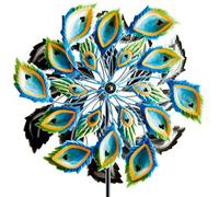Peacock Feather Wind Spinner - Weather Resistant Double-Sided Hand Painted Colourful Garden Sculpture - Measures H90 X W35 X D15Cm