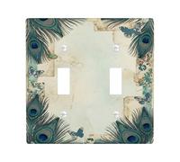 Peacock Feathers Double Light Switch Cover Plate, Art Bohemian Butterflies Floral Accents Spring Teal Plastic Standard Size Toggle Light Switch Cover for Living Room Bedroom Home Office Decor