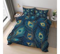 Peacock Feathers Duvet Cover Set Emperor Size, Teal Gold Bird Feathers Bedding Set 290x235 cm, Quilt Cover with 2 Pillowcases, Soft Microfiber 3pcs, Zip 21D&-19