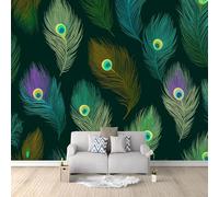 Peacock Feathers Elegance Luxury Birds Wall Mural Wallpaper 300 x 210 cm, Green Printed Wall Covering Backdrop, Large Wall Art Decor for Home Office, Bedroom & Living Room