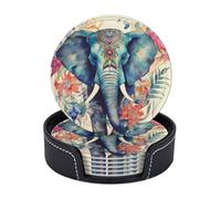 Peacock Feathers Elephant Printed Drink Coasters with Holder Leather Coasters Set of 6 Tabletop Protection Decorate Cup Mat for Coffee Table Bar Kitchen Dining Room