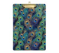 Peacock Feathers Green Clipboard Acrylic Decorative Clipboards Hardboard Clipboards Standard Size with Low Profile Metal Clip for Nurses, Lawyers, Doctor Offices