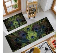 Peacock Feathers Kitchen Mats Sets, 2 Piece Luxury Design Kitchen Rugs, Waterproof Non-slip Anti-Fatigue Home Runner Washable Standing Floor Mats 50x80cm+50x150cm Green