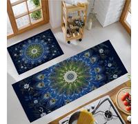 Peacock Feathers Kitchen Rug Set 2 Piece, Non Slip Anti Fatigue Blue Kitchen Mat, Machine Washable Mysterious Mandala Floor Mat, for Hallway Dining Room Home Decoration 50x80cm+50x150cm